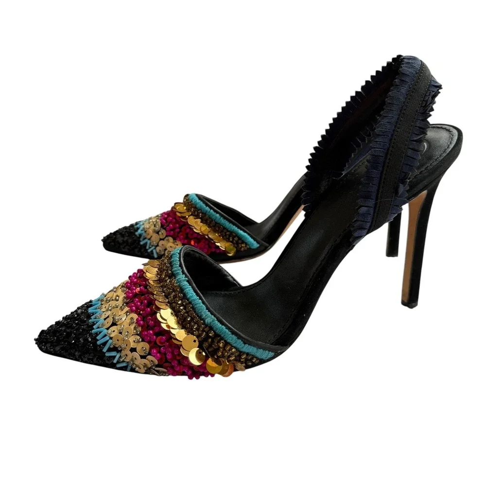 Tory Burch Beaded Sequin Slingback Pumps Black Multi Color Pointed Toe Heels 9M